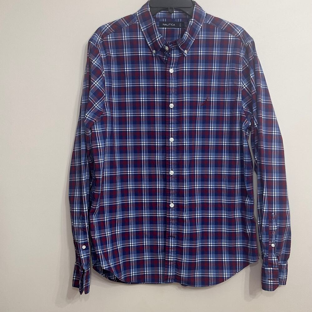 Nautica Men’s Plaid Button Down Shirt Size Large Navy Red Classic Fit